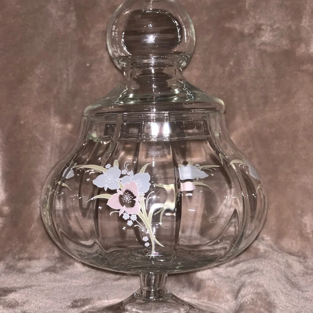 Vintage Pastel Floral Clear Glass Apothecary Pedestal Jar Round Bubble Potbelly